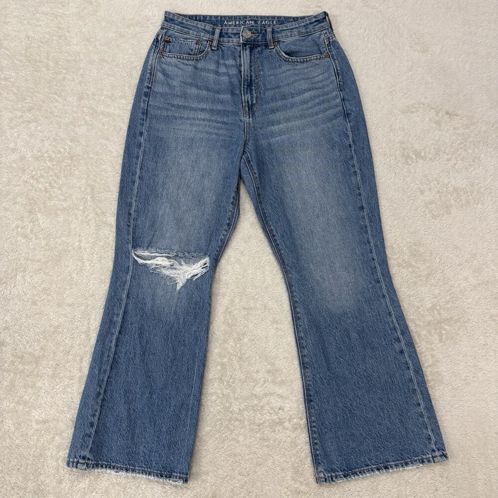 American Eagle Womens Highest Rise 90s Flare Jeans Sz 10 Short Y2K Baddie Ripped